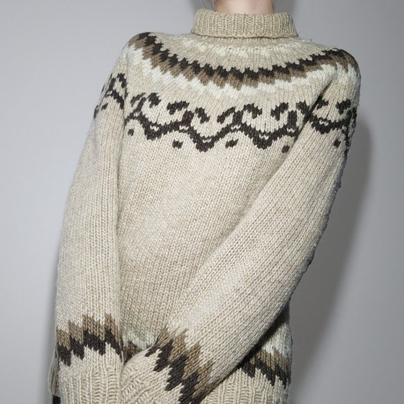Vintage 90s neutral brown & cream turtleneck isle print chunky knit sweater - Picture 11 of 11